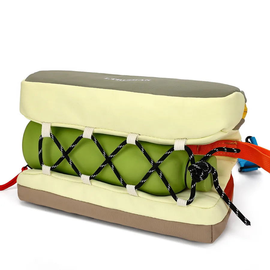 Color-block crossbody bag with rope handle — underside detail showing elastic bottle holder | BTendance