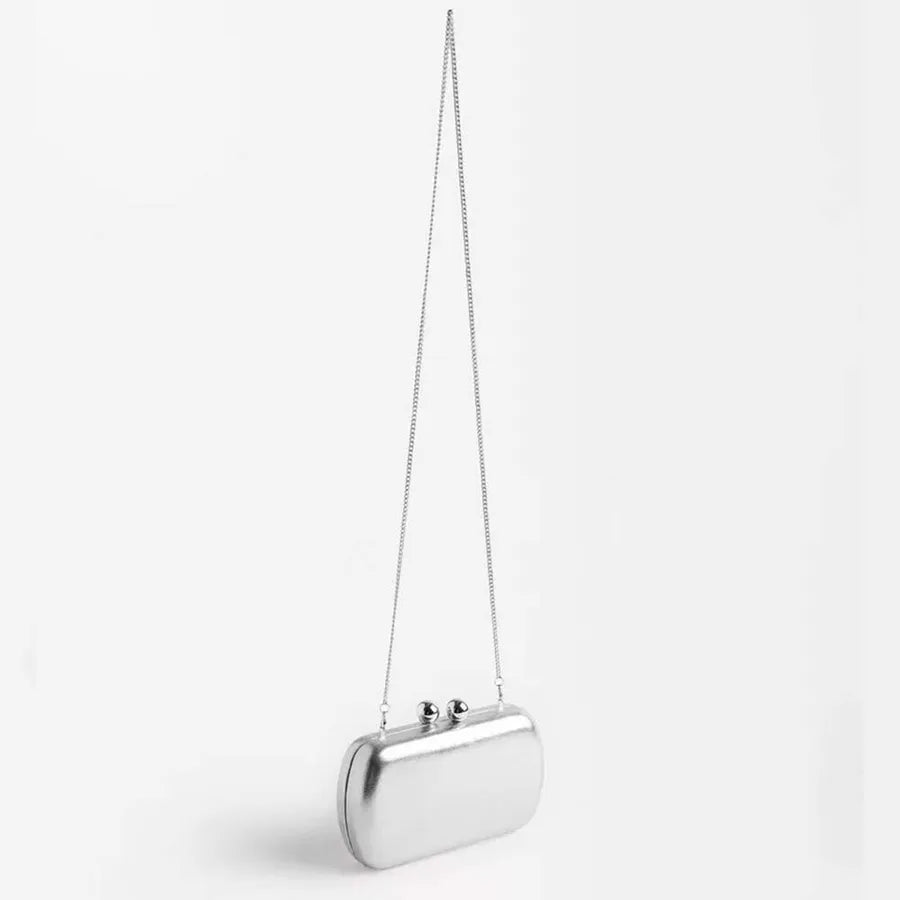 Women's Kiss-Lock Faux Leather Evening Clutch – Silver with shoulder strap | BTendance