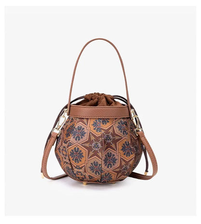Embroidered drawstring bucket bag – Tan patterned bag, front view | BTendance