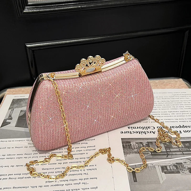 Women's Crown Clasp Rhinestone Evening Bag – Pink with chain | BTendance