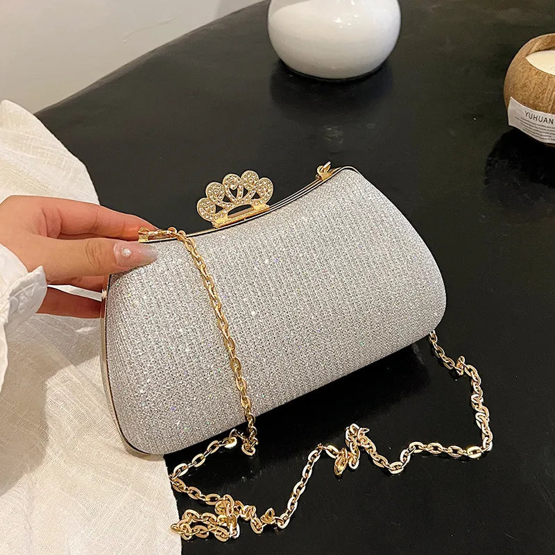 Women's Crown Clasp Rhinestone Evening Bag – Silver held for scale | BTendance