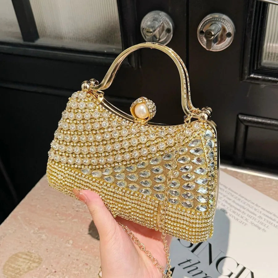 Women's Diagonal Rhinestone Top Handle Evening Bag – Gold held for scale | BTendance