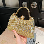 Women's Diagonal Rhinestone Top Handle Evening Bag – Gold held for scale | BTendance