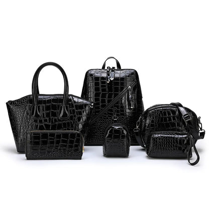 Crocodile texture matching bag set – Black matching bag set, front view | BTendance