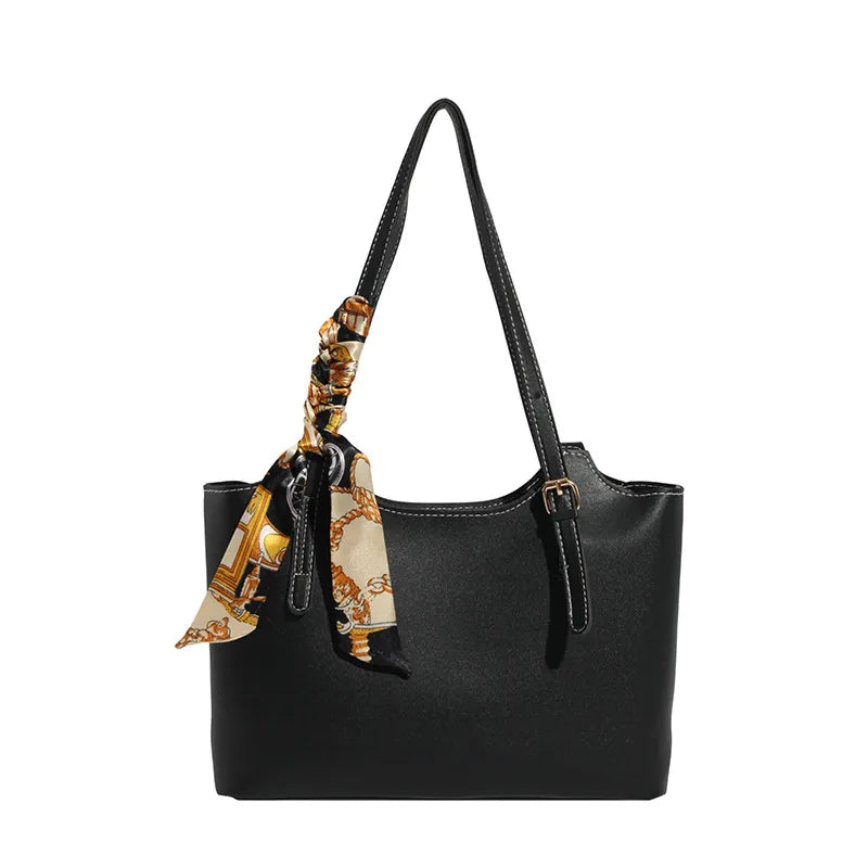 Shoulder tote bag with patterned scarf – Black bag on white background | BTendance