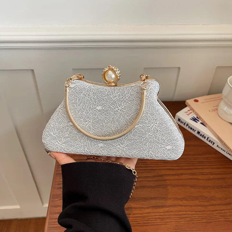 Women's Textured Evening Bag with Pearl-Effect Clasp – Silver front | BTendance