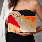 Women's Color Block Acrylic Statement Clutch – Brown multicolor held for scale | BTendance
