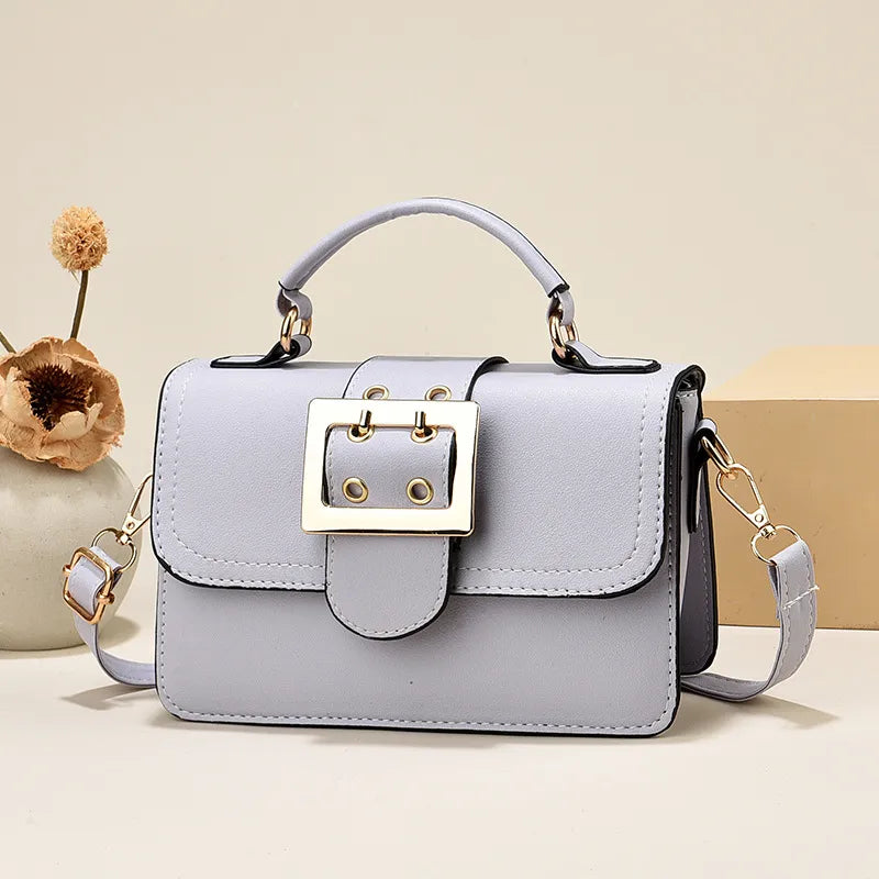 Buckle Detail Faux Leather Crossbody Bag in Grey | BTendance