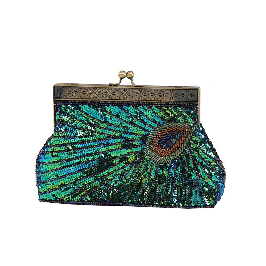 Women's Peacock Beaded Evening Clutch with Kiss Clasp – Front | BTendance
