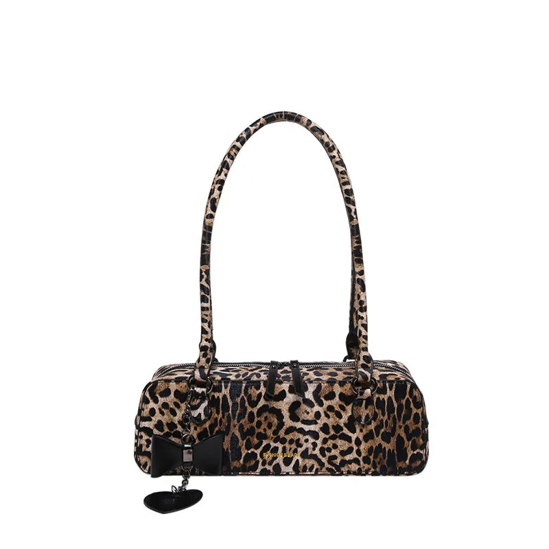 Leopard print shoulder bag with heart charm – Brown leopard bag, front view | BTendance