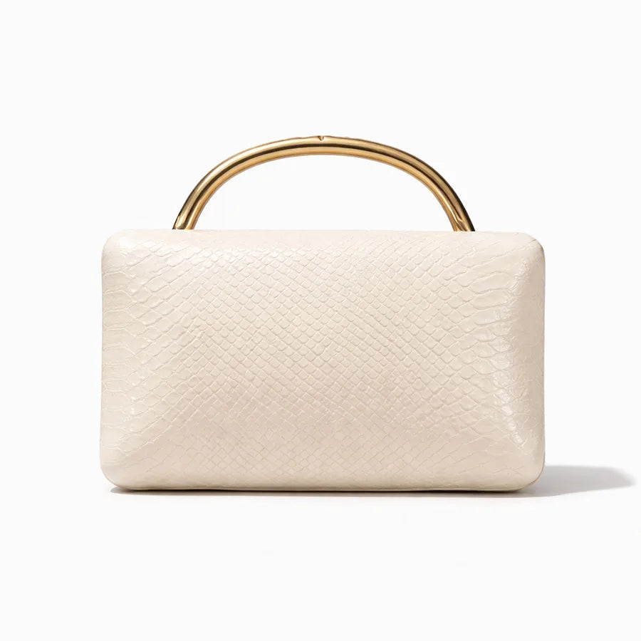 Croc-Embossed Faux Leather Top Handle Evening Bag – White front | BTendance