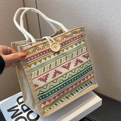 Geometric patterned tote with rope handles – Angled view of tote and button fastening | BTendance