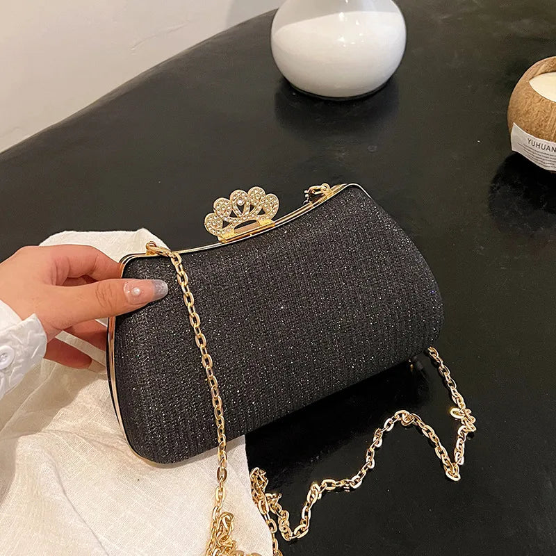 Women's Crown Clasp Rhinestone Evening Bag – Black held for scale | BTendance