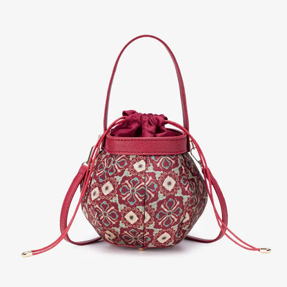 Embroidered drawstring bucket bag – Burgundy bag with handle and shoulder strap | BTendance
