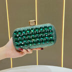 Women's Faceted Rhinestone Evening Clutch with Chain – Green held for scale | BTendance