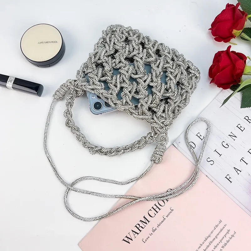 Woven Rhinestone Evening Bag with Shoulder Strap – Openwork interior | BTendance