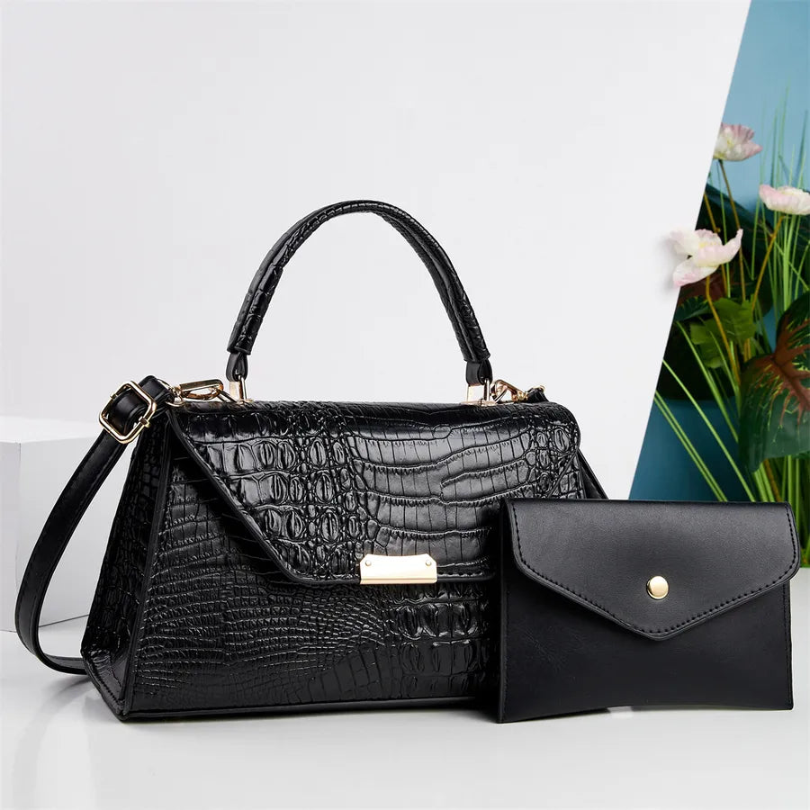 Croc-Embossed Faux Leather Handbag & Pouch Set in Dyed Black | BTendance
