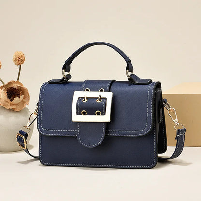 Buckle Detail Faux Leather Crossbody Bag in Blue | BTendance