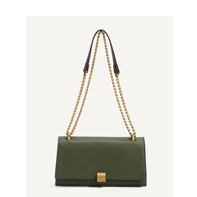 Geometric stitched chain shoulder bag – Olive green bag with chain strap extended | BTendance