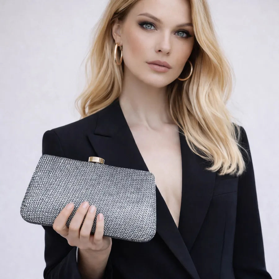 Women's Textured Nylon Evening Clutch with Slim Frame – Silver held for scale | BTendance