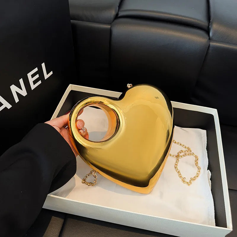 Women's Metallic Heart Clutch with Ring Handle – Gold front | BTendance