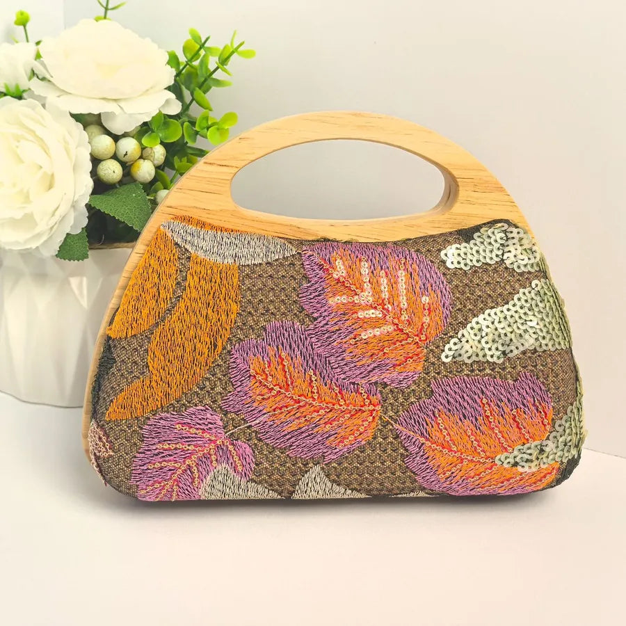 Floral Embroidered Sequin Evening Handbag in Khaki Bottom Green Flower | BTendance