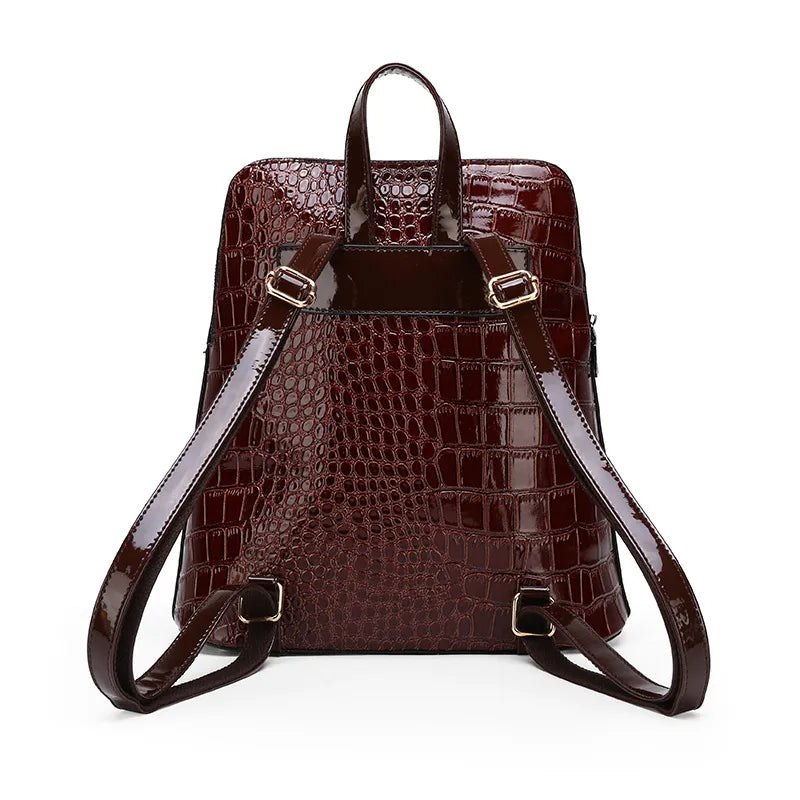 Crocodile texture matching bag set – Brown backpack rear view with adjustable straps | BTendance
