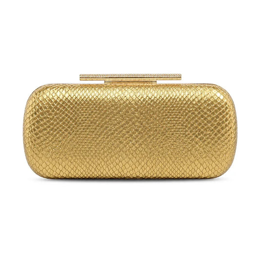 Snakeskin-texture rectangular evening clutch with bar clasp — gold on white background | BTendance