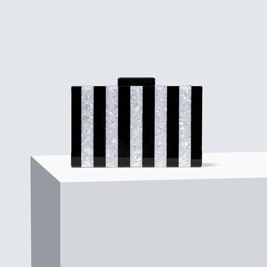 Women's Striped Acrylic Box Clutch with Chain – Black stripe front | BTendance