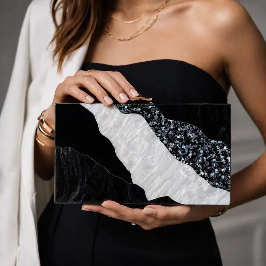 Women's Color Block Acrylic Statement Clutch – Black multicolor held for scale | BTendance