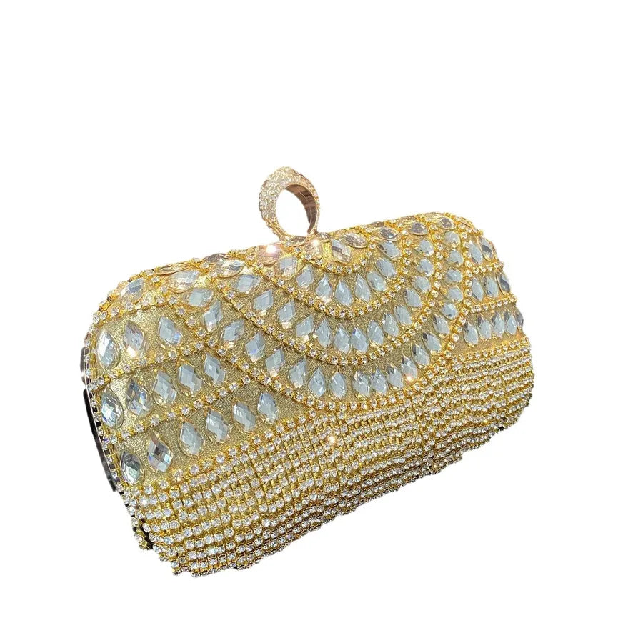 Scalloped Rhinestone Box Clutch – Gold front | BTendance