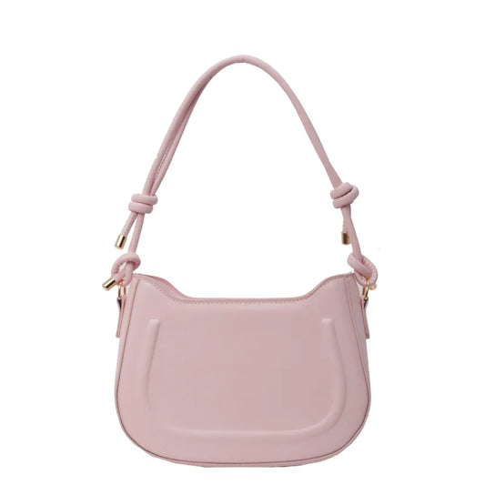 Curved shoulder bag with outlined front panel and knotted strap — pink on white background | BTendance