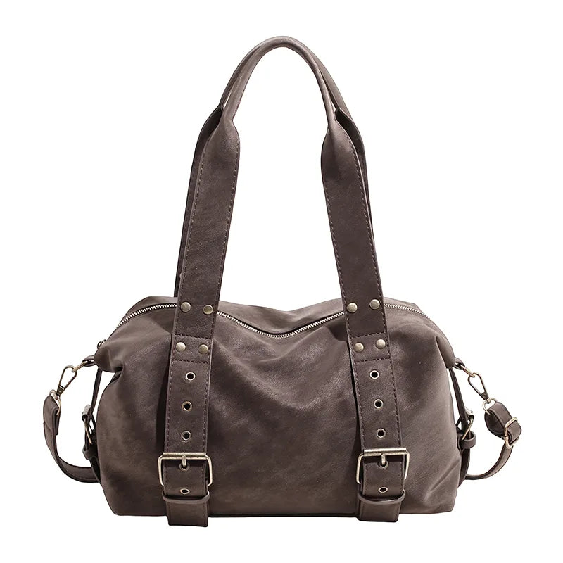 Buckle detail shoulder bag – Brown bag, front view | BTendance
