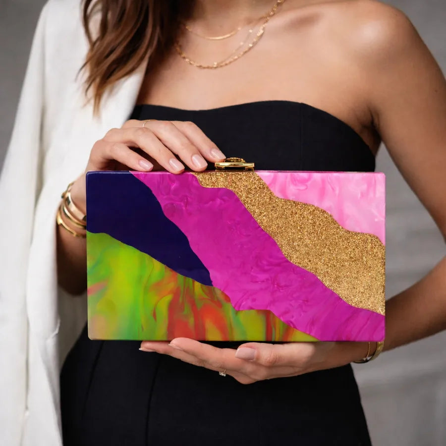 Women's Color Block Acrylic Statement Clutch – Bright multicolor held for scale | BTendance