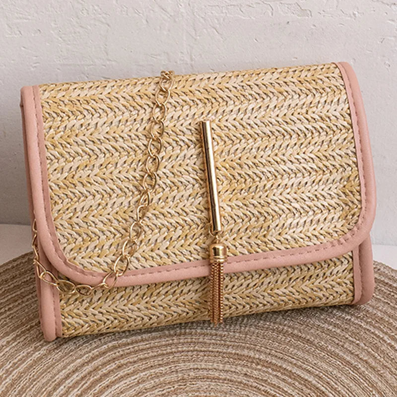Woven flap crossbody bag with chain strap – Pink trim bag with long gold bar detail | BTendance