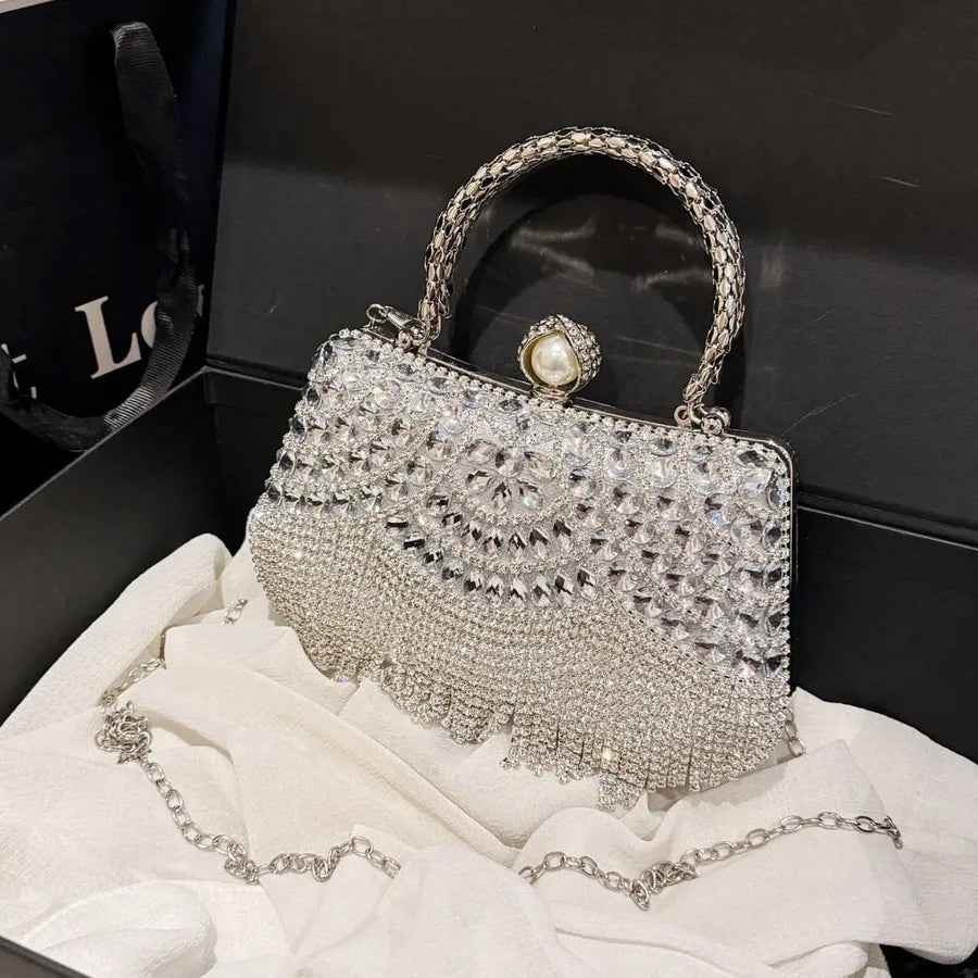 Women's Scalloped Rhinestone Mini Evening Handbag – Silver with chain | BTendance
