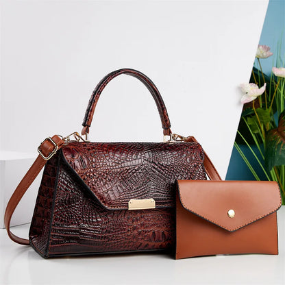 Croc-Embossed Faux Leather Handbag & Pouch Set in Khaki | BTendance