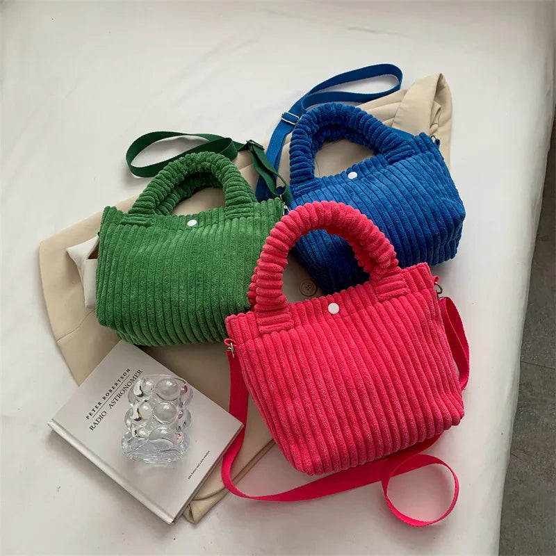Ribbed plush handbag with rounded handles and long strap — green pink and blue displayed together | BTendance