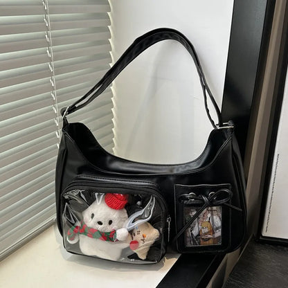 Shoulder bag with clear front display pocket — black with plush decorations in clear pocket | BTendance