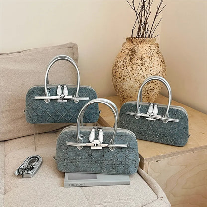 Denim handbag with silver-tone handles and shoulder strap — three embellished designs on display | BTendance