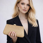 Women's Textured Nylon Evening Clutch with Slim Frame – Beige held for scale | BTendance