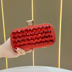 Women's Faceted Rhinestone Evening Clutch with Chain – Red held for scale | BTendance