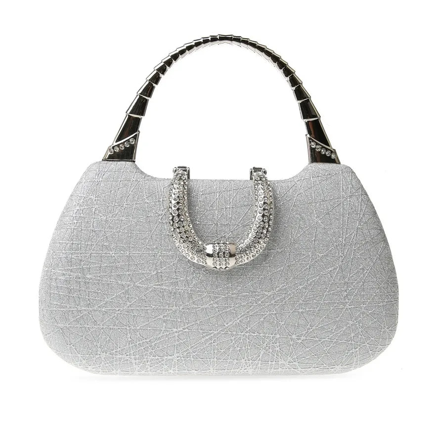 Glitter Evening Handbag with Curved Top Handle – Silver front | BTendance