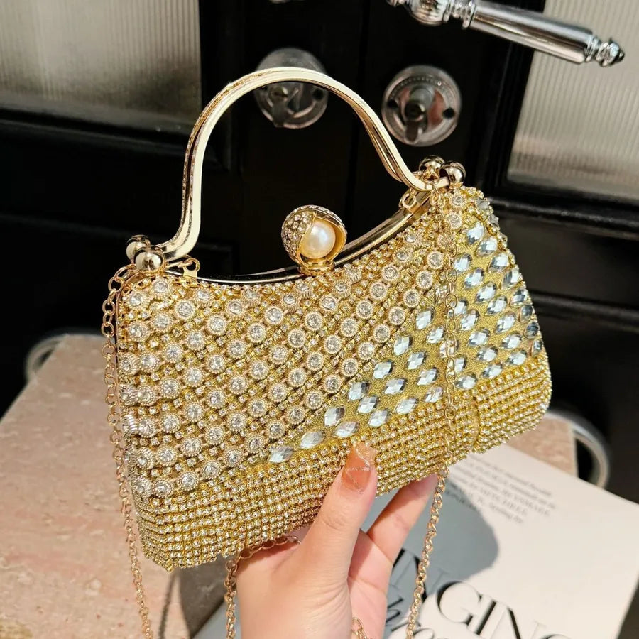 Women's Diagonal Rhinestone Top Handle Evening Bag – Gold front | BTendance