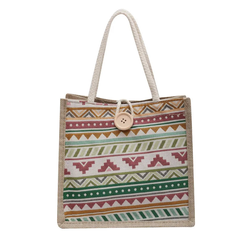 Geometric patterned tote with rope handles – Multicolour tote on white background | BTendance