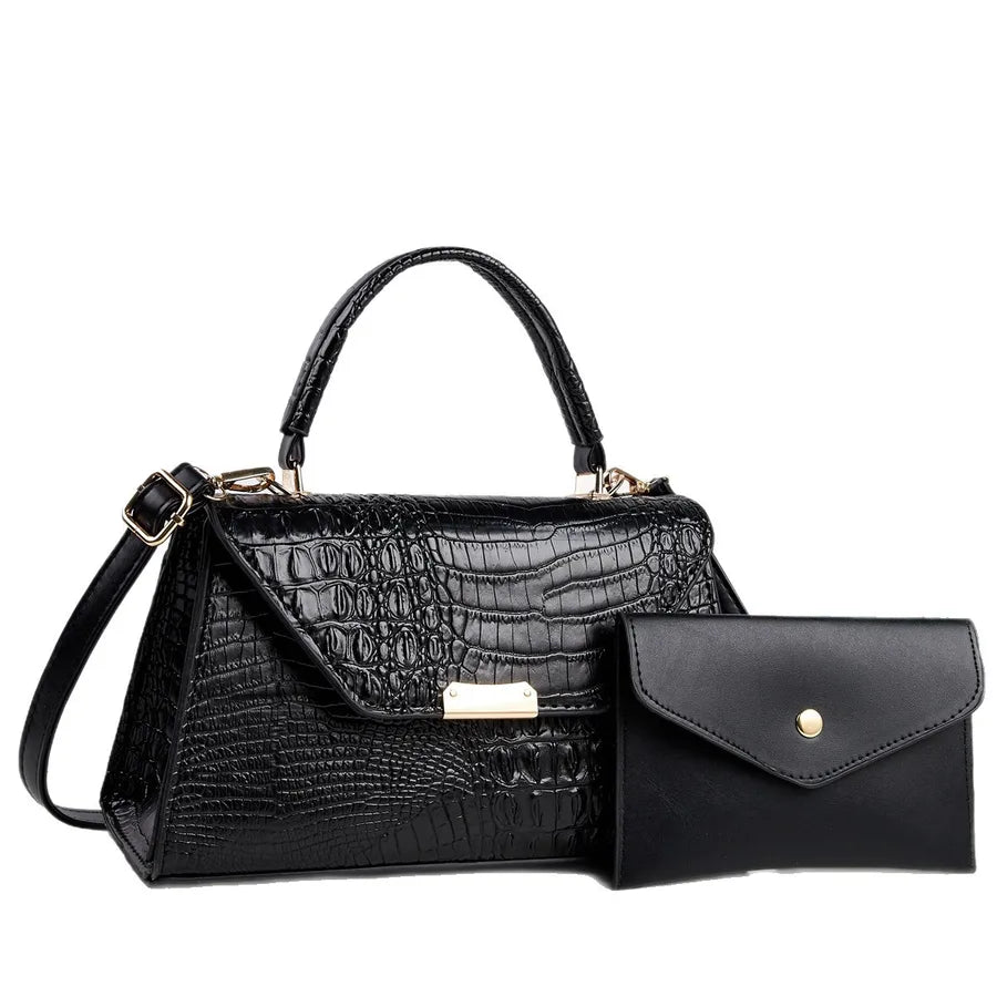 Croc-Embossed Faux Leather Handbag & Pouch Set — product view | BTendance