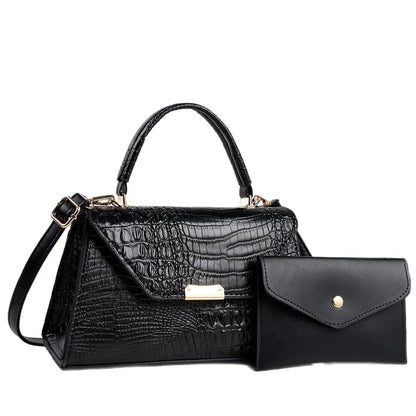 Croc-Embossed Faux Leather Handbag & Pouch Set — product view | BTendance