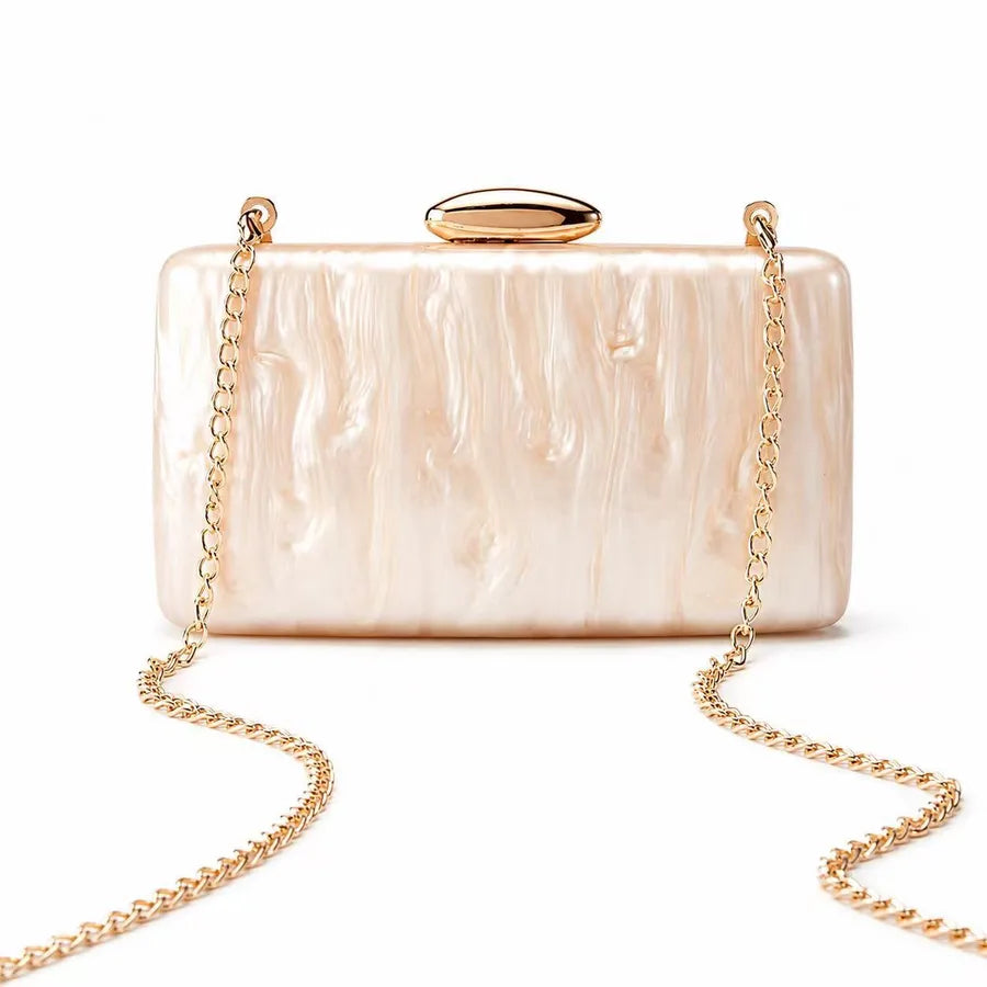 Women's Marbled Acrylic Rectangle Clutch with Oval Clasp – Champagne with chain | BTendance