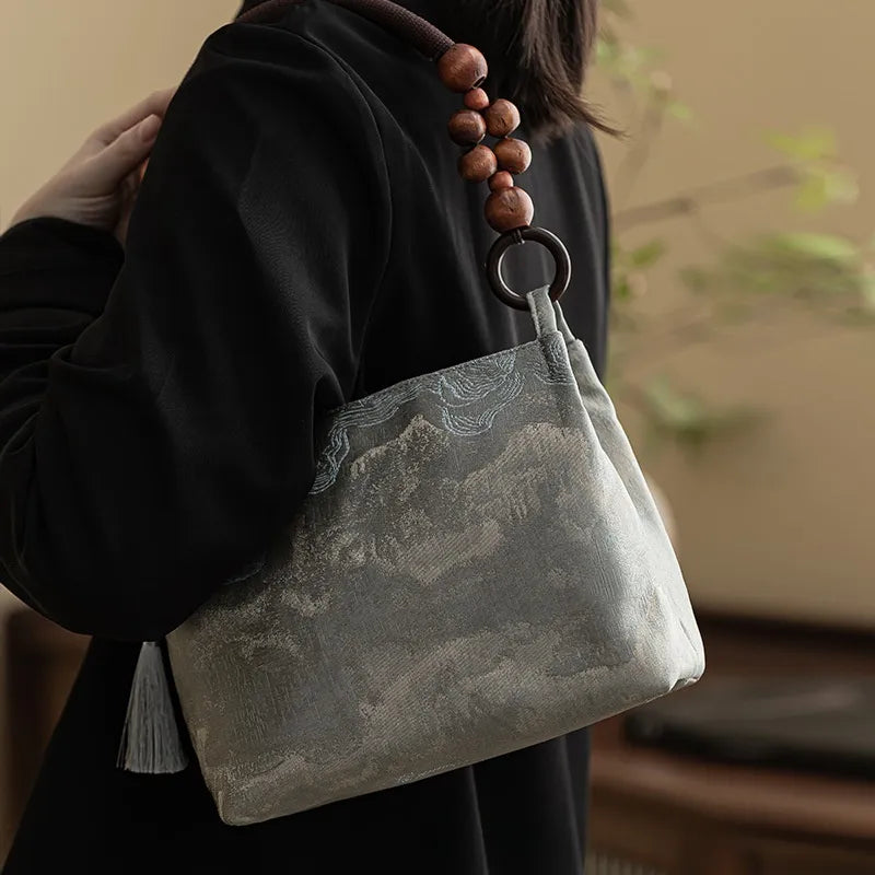 Floral shoulder bag with beaded handle – Grey floral bag worn on shoulder | BTendance