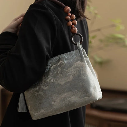 Floral shoulder bag with beaded handle – Grey floral bag worn on shoulder | BTendance